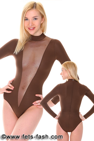 Body Elasthan Braun Mikrofaser mit spitzem transparentem goldfarbenen Einsatz Design 04