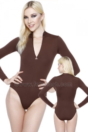 Body with front zip-fastener into Elastane Brown Micro Fibre Matt