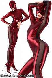 Catsuit in Effekt Farben mit seitlich transparentem Einsatz / C11S  Material:   - 80% Polyamid / 20% Elasthan  - stabil beschichtete Oberf�che - gl�nzender Pl�ttchen Effekt - Hologramm Effekt - gute Elastizit�t  - 11 Effekt Rot  Hinweis f�r Masken:   - f�r Maske 01 und 03 nicht geeignet - Sicht und Atmung eingeschr�nkt...