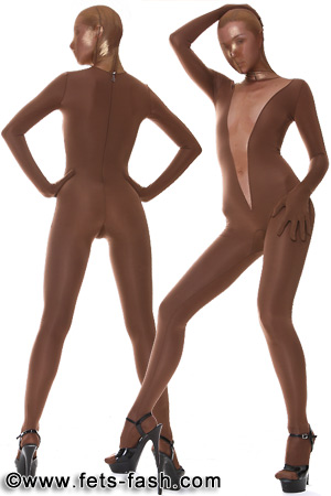 Catsuit Elastane Brown Micro Fibre with a pointed use of transparent gold