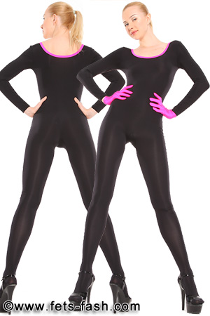 Catsuit Elasthan Schwarz Mikrofaser Rundhals mit farbigem Saum