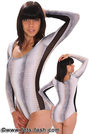 Body Krokodil Beige-Grau seitlich mit transparentem Einsatz Design 04, Frauen, Gr. M