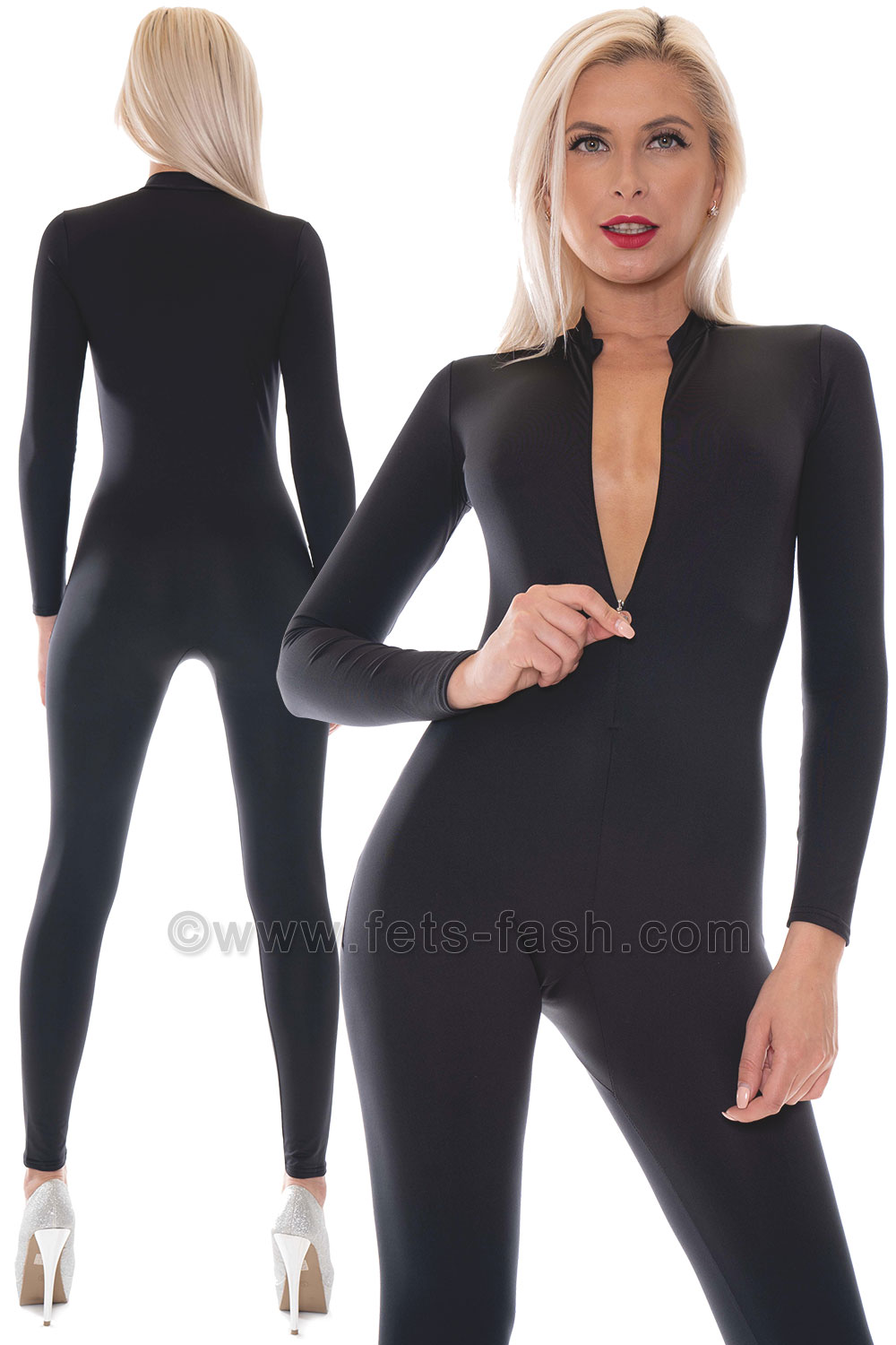 Catsuit With Front Zipper From Fets Fash In Elastane Black Cotton